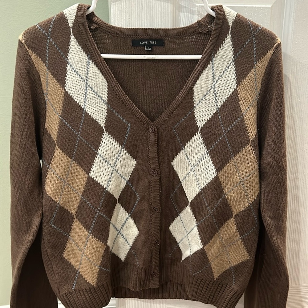 Love Tree diamond pattern button down sweater